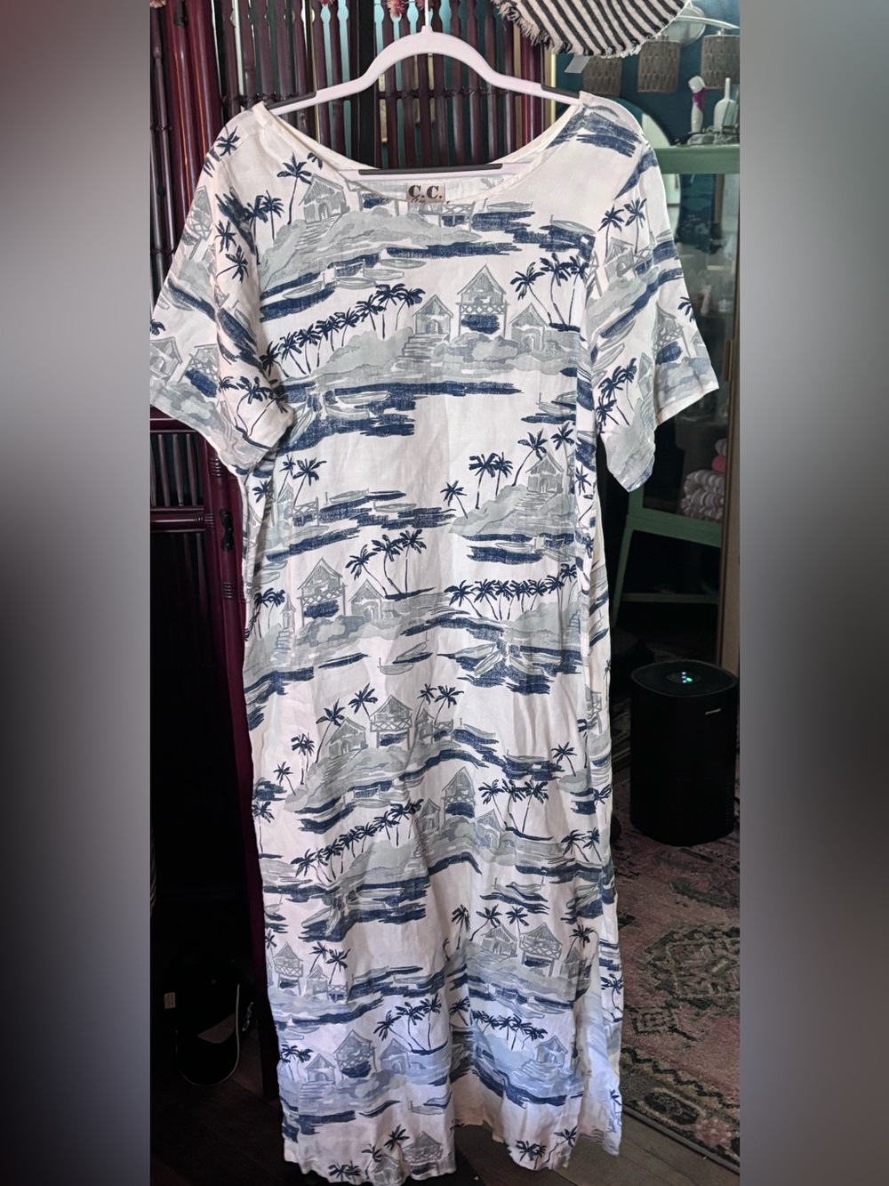 CC COLLECTION Navy and White Tropical Toile Linen Sheeth Dress